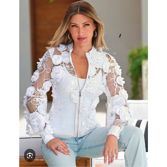 Boston Proper Sheer White Floral Zip-Front Top – M Sexy Luxe Blouse - Picture 10 of 11